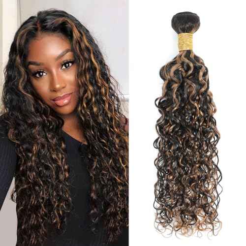 Water Wave Curly 1b/30 Human Hair Bundles 20 Inch - Brown Highlight and Black Balayage Bundles Wet and Wavy Sew In Weave, 12A Glossy 100% Unprocessed Brazilian Raw Virgin Hair, P1b/30 Color, Single