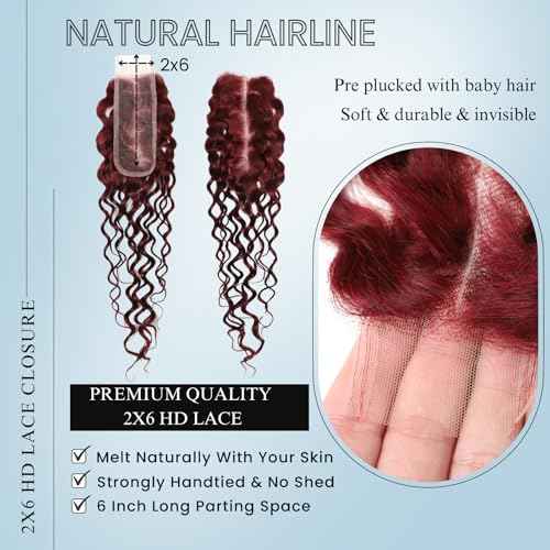 ALHER 2x6 HD Lace Closure with Bundles Human Hair 99j Dark Burgundy Water Wave, Cherry Wine Red Colored Virgin Remy 3 Bundles and 2x6 Long Deep Middle Part Kim K Closure With Baby Hair 10 12 14 +10 IN