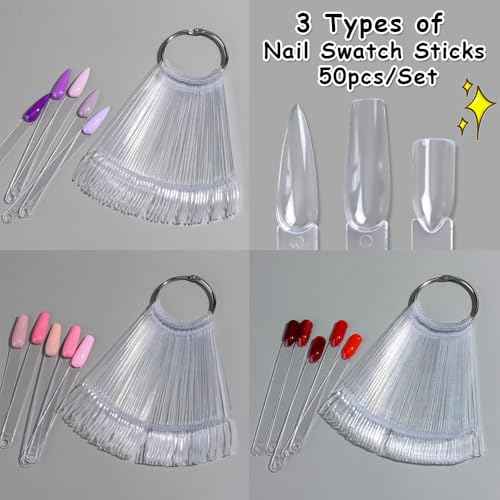 150 Pcs Nail Swatch Sticks with Ring & Nail Art Display Stand Storage Rack, Clear Fan-shaped Display for Nail Art Polish Practice, False Nail Sample Tips Nail tech Supplies for Home or Salon Use