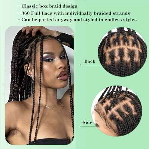 Youthfee 360¡Æ HD Full Lace Knotless Braided Wigs for Women Box Braided Wigs with Baby Hair Premium Synthetic Natural Looking Braid Lace Front Wigs Black 36 Inch