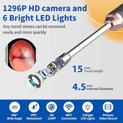 Tonsil Stone Remover with Camera£¬Tonsil Stone Removal Tool with LED Light£¬TonsilCleaner for Tonsil Stone Removal£¬Tonsillolith Removal Tool with 4 Head £¬Attachments for iOS & Android (Black and Gold)