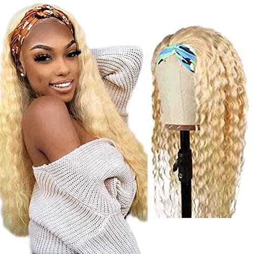 613 Deep Wave Headband Wig Blonde Human Hair Headband Wig 130% Density Grade 8A Brazilian Remy Hair Machine Made Wigs 16 Inch