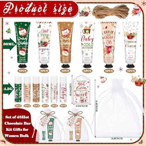 Demissle 48 Pcs Christmas Hot Cocoa Party Favors Hand Cream and Lip Balm Gifts Bulk Xmas Party Stuffers Christmas Stocking Favors Xmas Red Green Hot Cocoa Gifts Set for Baby Shower Guests