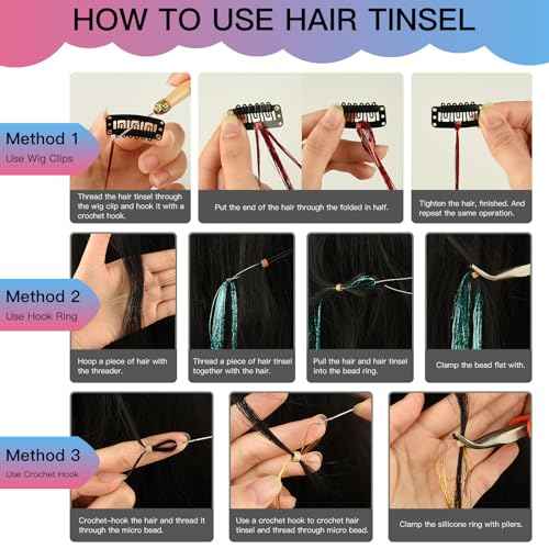 PLULON 20 Colors Hair Tinsel Kit with Tools 4000 Strands 47 Inches Tinsel Hair Extensions Glitter Fairy Hair Extensions Tinsel Kit for Girls Women Christmas New Year Party
