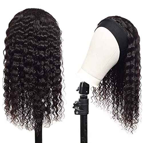 Headband Wig Human Hair Deep Wave Wigs 24 inch Brazilian Human Hair Headband Wigs for Black Women Glueless Non Lace Front Wig Machine Made Curly Deep Wave Headband Wig 150% Density Natural Color