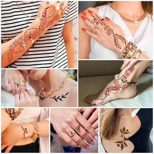 Temporary Stencils Tattoos Kit, 6 Pcs Tattoo Cones 4 Color (2 Black 2 Brown 1 Maroon 1 Cherry Red) with Gloves Brush Tool,DIY Body Art Skin Painting Designs for Women Men Kids Party Gifts