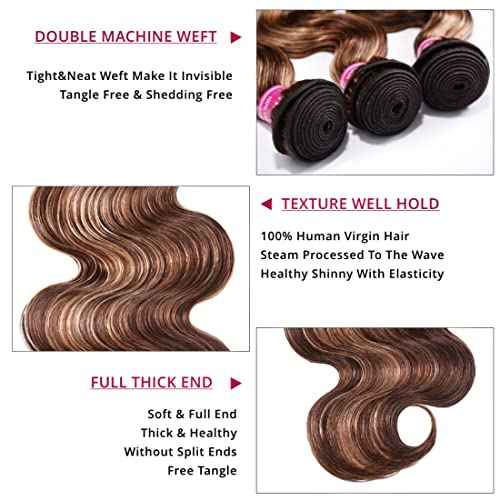 UNice Honey Blonde Highlight Body Wave Human Hair Weave 1 bundle 28 inch, Brazilian Remy Hair Dark Root Ombre Blonde Human Hair Extensions for Sew In TL412 Color