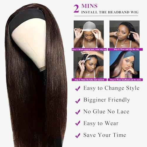 Headband Wig Human Hair Straight Chocolate Brown 18 Inch Headband Wigs for Black Women Glueless None Lace Front Wig Brazilian Virgin Human Hair Wigs 150% Density