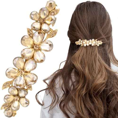 Joez Wonderful Rhinestone Hair Clips, Bridal Hair Accessories for Women, Sparkly Crystal Hair Pins, Fancy Hair Barrettes for Wedding, Bride, Long Hair (Champagne Flower, 1 Pcs)