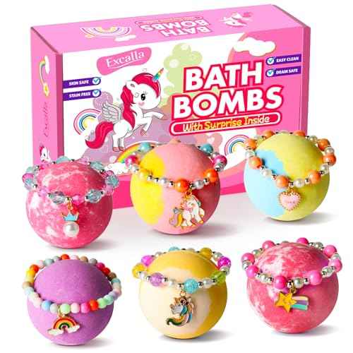 Unicorn Bath Bombs with Surprise Inside for Kids Girls, 6 Kids Bath Bombs with Jewelry Inside, Natural Bubble Bath Set for Skin Moisturizing, Birthday Christmas Easter Gifts for 4 5 6 7 8 Year Old
