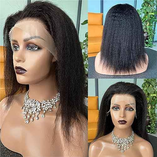 Kinky Straight Wig Human Hair 14 inch Glueless Kinky Straight 13x4 Lace Front Wig Pre Plucked HairLine with Baby Hair 180% Density Yaki Straight Wigs Natural Black Color