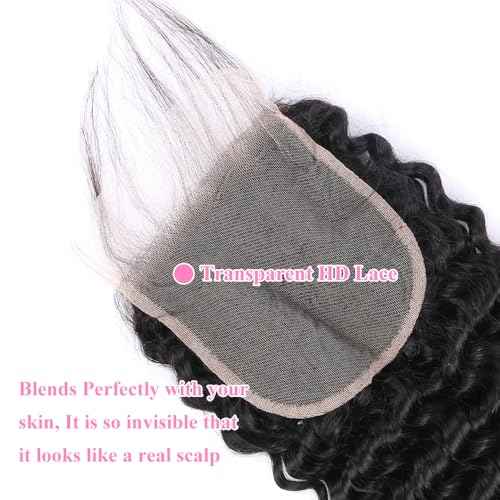 5x5 HD Lace Closure Deep Wave Ultra-thin Transparent HD Lace Closure 12A Brazilian Virgin Human Hair Closure Free Part Pre Plucked with Baby Hair Natural Black 22 Inch
