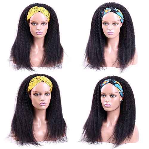 Headband Wigs Human Hair 180% Density 12A Kinky Straight Human Hair Headband Wigs For Black Women Yaki Straight Human Hair Wigs With Headband Attached Natural Black Color 18 Inch