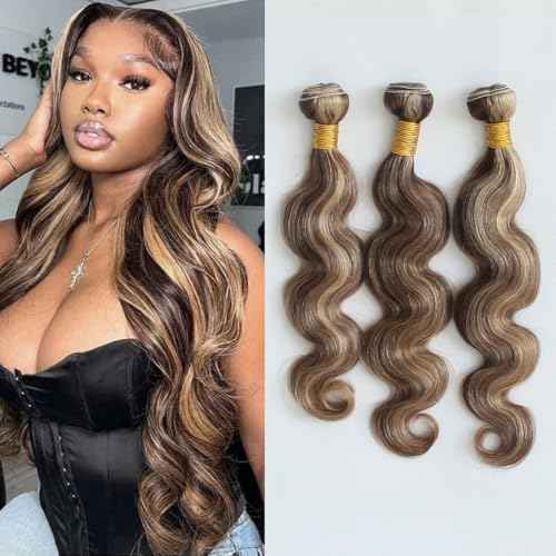 8A Machine Double Weft Raw Brazilian Virgin Human Hair Extensions Highlight P4/27 Brown Honey Blonde Body Wave 3 Bundles 16" 18" 20"