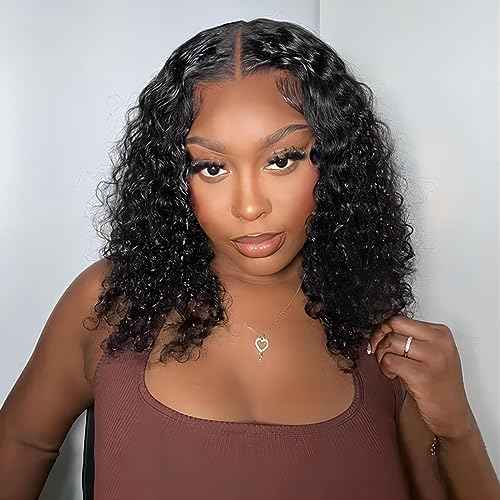 ISEE Wear and Go Glueless Wigs Bob Wigs Human Hair Pre Plucked Water Wave Lace Front Wigs Human Hair Upgraded No Glue Transparent Lace Closure Wigs Human Hair for Women Natural Black 16 Inch
