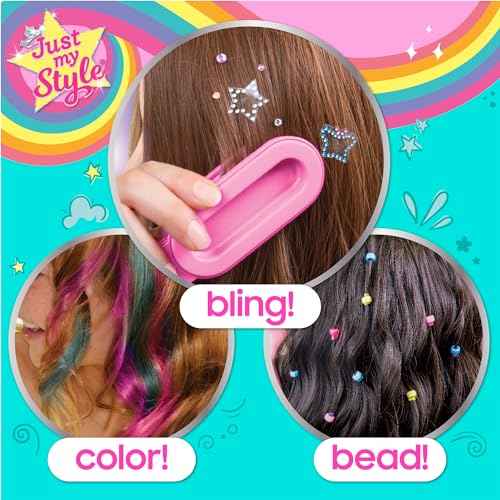 Just My Style All-in-One Hair Stylist, 4-in-1 Styling Tool with Gem Stamper, Beader, Chalk, and Brush - Fun Hair Accessories for Girls 8-12