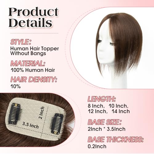 isheeny Human Hair Topper for Women 10Inch Real Human Hair Toppers For Changing Your Look, Dark Brown #2 Natural Hair Pieces for Women With Artificial Base & 2 Secure Clips