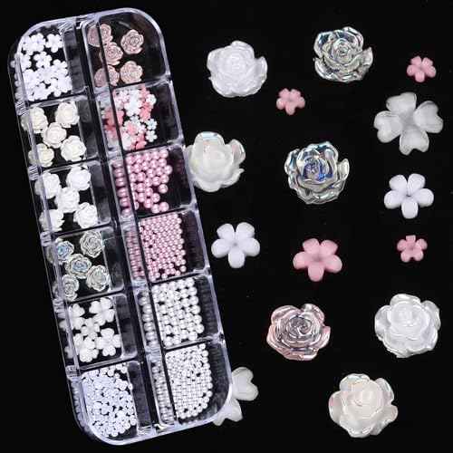 Nail Charms, Multi Shape Nail Rhinestones Kit 3D Multi Shape Nail Gems Colorful Butterfly Flowers Nail Crystals Flat Back Nail Pearls for Nail Art Supplies DIY Accessories 6 Boxes
