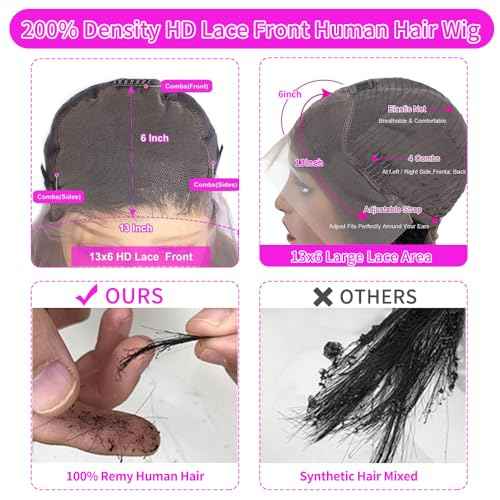 13x6 HD Lace Front Wigs Human Hair 200% Density Curly Deep Wave Wig 16 Inch Deep Wave Lace Front Wigs Human Hair Pre Plucked Curly Wig for Women Natural Color