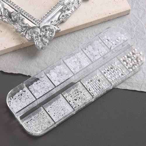 Multi Sizes Round and Half Round Pearls 3D Nail Charms, White Flatback Pearls Nail Jewelry for Women Girls Manicure Nails Supplies DIY Crafts Decorations¡¦¡¦