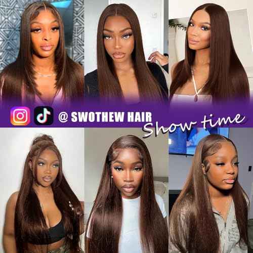 22 Inch Brown Wig Human Hair 200 Density 13x6 Transparent HD Straight Lace Front Wigs Human Hair Pre Plucked Colored Frontal Wigs Human Hair Chocolate Brown Wig Human Hair Wigs for Women