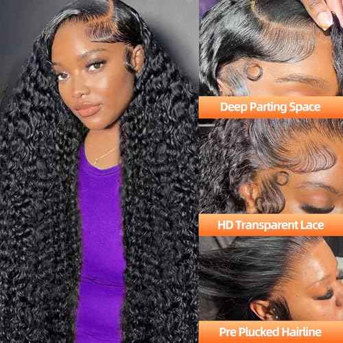 32 Inch Deep Wave Lace Front Wigs Human Hair 200 Density 13x4 HD Transparent Lace Frontal Wigs Human Hair Pre Plucked Deep Curly Glueless Wigs for Black Women Natural Color