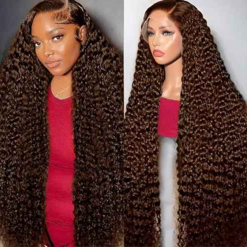 28 Inch Chocolate Brown Deep Wave Lace Front Wigs Human Hair Pre Plucked 200% Density 13x6 HD Lace Frontal Wigs with Baby Hair Deep Curly Wet and Wavy Glueless Wigs for Women (4# Brown, 28 Inch)
