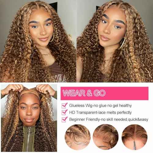 Ombre Highlight Wear and Go Glueless Wigs Human Hair Pre Plucked Pre Cut Deep Wave Lace Front Wigs Human Hair Wigs 4x4 Lace Closure Wigs Human Hair 180% Density Curly Wigs Human Hair Wigs 22 Inch
