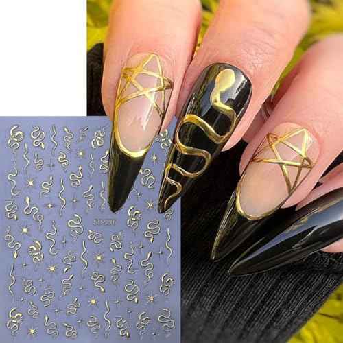 Snake Nail Sticker for Nail Art 3D Self-Adhesive Black Silver Gold Laser Snake Star Nail Decals Stars Designs Nail Art Stickers Charms for Women and Girls Daily DIY Nail Decoration