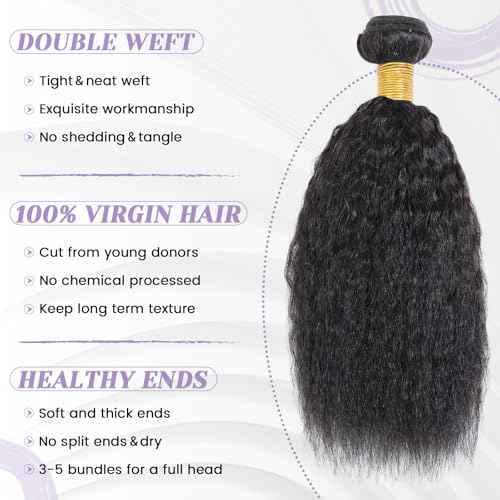 Kinky Straight Bundles 100% Human Hair Bundles Yaki Straight Bundles Human Hair 3 Bundles 16 18 20 Inch Raw Virgin Human Hair Weave Weft Bundles Natural Black Color