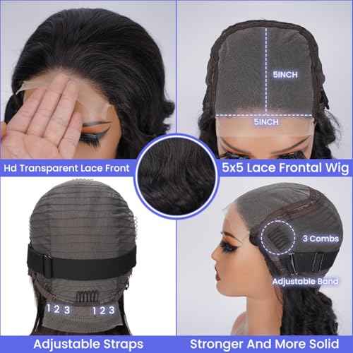 Lace Front Wigs Body Wave 5x5 HD Lace Closure Wigs Human Hair For Women 180% Density Transparent Lace Front Wig Pre Plucked 9A Glueless With Baby Hair Free Part Natural Black Color 24 Inch