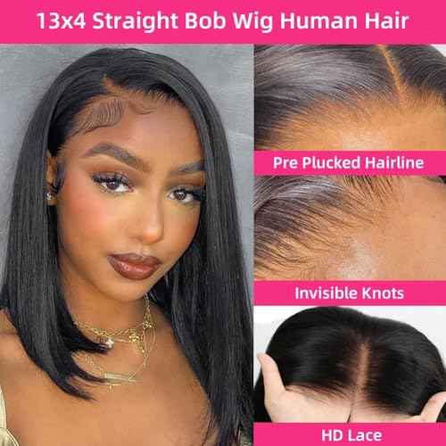 Caijuxing Bob Wig Human Hair 13x4 Straight Hd Lace Front Wigs with Baby Hair 180% Density Glueless Wigs Human Hair Pre Plucked Short Bob Wigs for Women (14 Inch)