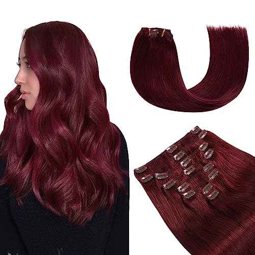 YILITE Hair Extensions Clip in Human Hair 8Pcs 120Gram/Pack Burgundy Silky Remy Human Hair Double Weft Straight Real Hair Extensions Clip ins Thick (18inches #99J Burgundy£©
