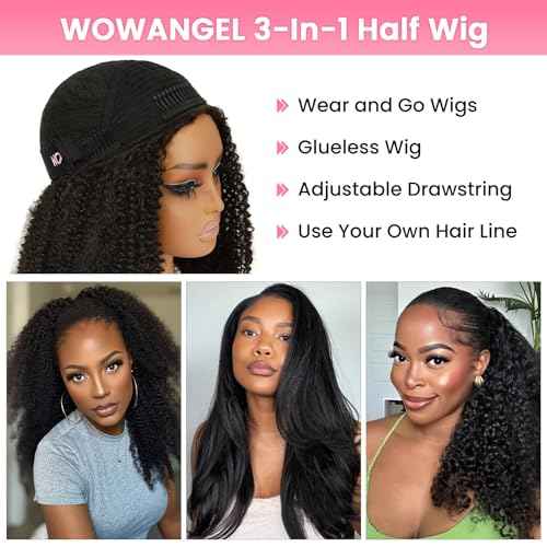 WOWANGEL Kinky Curly Half Wig Human Hair 3-in-1 Glueless Headband Wig with Drawstring, 200 Density Seamless Clip-Ins & Flip Over Design for Black Women,Natural Black(1B#),18 inch