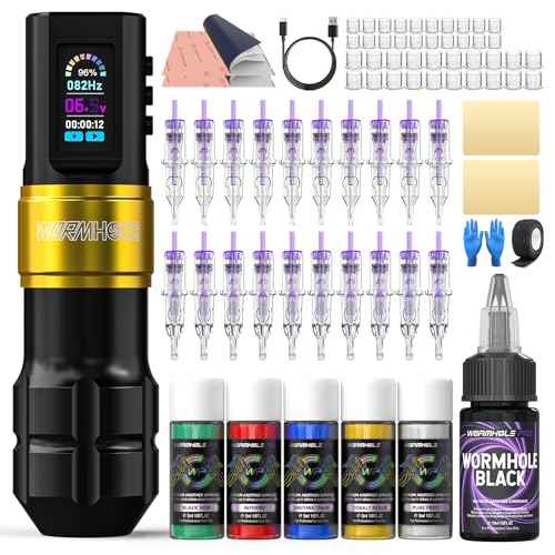 Wormhole Tattoo Gun Wireless Tattoo Gun Kit ? Professional Rechargeable Tattoo Machine with 1800mAh Battery | Includes Ink, Needles & Supplies | Best Tattoo Starter Kit for Beginners & Pros