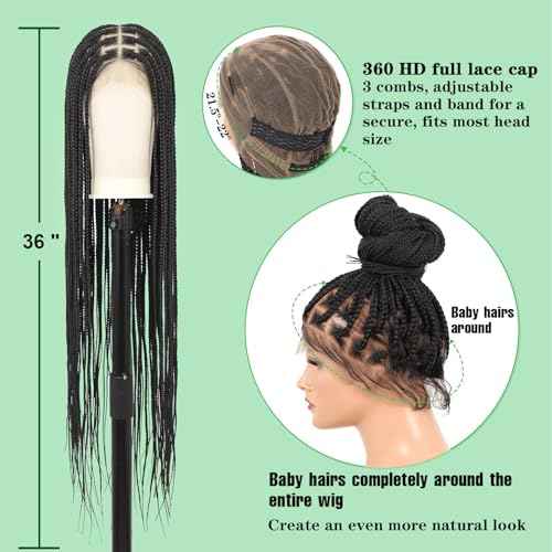 Youthfee 360¡Æ HD Full Lace Knotless Braided Wigs for Women Box Braided Wigs with Baby Hair Premium Synthetic Natural Looking Braid Lace Front Wigs Black 36 Inch