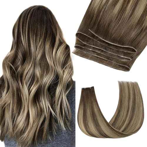 GOO GOO Genius Sew In Remy Weft Hair Extensions, 4/26/4 Balayage Chocolate Brown to Honey Blonde 20inch 60g, Hand Tied