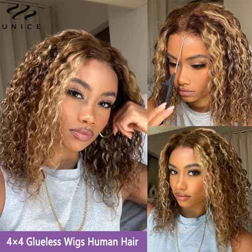 Glueless Wigs Human Hair Pre Plucked Pre Cut 4/27 Highlight Ombre Honey Blonde Curly Wigs Human Hair for Beginners 4x4 Deep Wave Lace Closure Glueless Wigs for Black Women 16 Inch