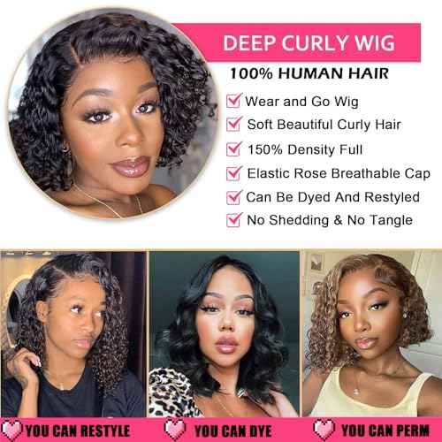 12 Inch Deep Curly Bob Wig Short Curly Human Hair Wigs for Women Jerry Curl Side Part Lace Front Wigs 100% Brazilian Remy Human Hair Wear and Go Glueless Wig 12A Natural Color