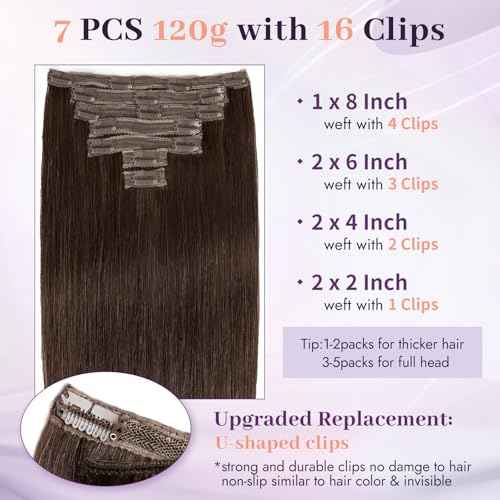 Clip in Extensions Real Human Hair Dark Brown Remy Lace Weft 20 Inch 7PCS 120g for Women