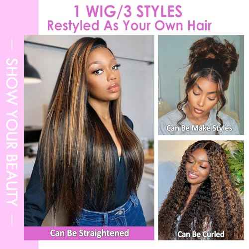 Body Wave Lace Front Wigs Human Hair 1B/30 Highlight Ombre Lace Front Wig Human Hair 13x4 Transparent Lace Frontal Black with Brown Highlight Wig for Women 200 Density Glueless Wigs 24 Inch