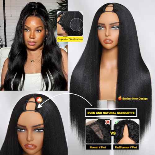 Sunber Yaki Straight V Part Human Hair Glueless Wig Upgrade U Part Wig No Leave Out Vpart light yaki straight Machine Made Clip In Half Wigs No Leave Out Real Scalp V Shape 150% Density 20Inch