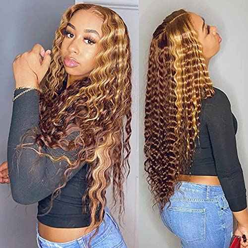 BLY Highlight Human Hair Lace Front Wigs Deep Wave #4/27 Ombre Colored Glueless Wigs Pre Plucked 18 Inch 4x4 Transparent Curly Water Wave Lace Wig Honey Blonde Real Human Hair 180% Density