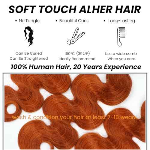 ALHER #350 Ginger Bundles Human Hair Body Wave 100% Brazilian Virgin Remy Human Hair Sew In Weave Wavy 3 Ginger Bundles for Black Women 12A Soft Thick Copper Orange Color 16 18 20 Inch