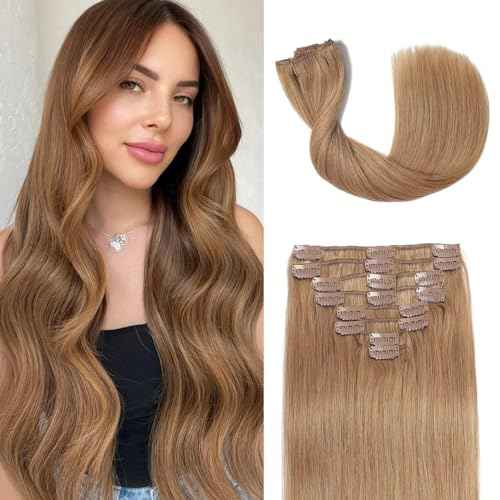 Clip in Hair Extensions Real Human Hair 4.3oz/120g Clip ins 100% Brazilian Remy Human Hair Extension for Women 8pcs Per Set with 18 Clips Double Weft (24 Inch #27 Honey Blonde)