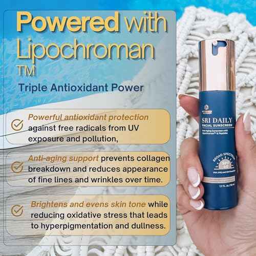 SRILabs Daily Facial Sunscreen - SPF 40 - Anti-Aging with Lipochroman & Peptides - Transparent Zinc Oxide - Universal tint & Weightless - 1.7 OZ