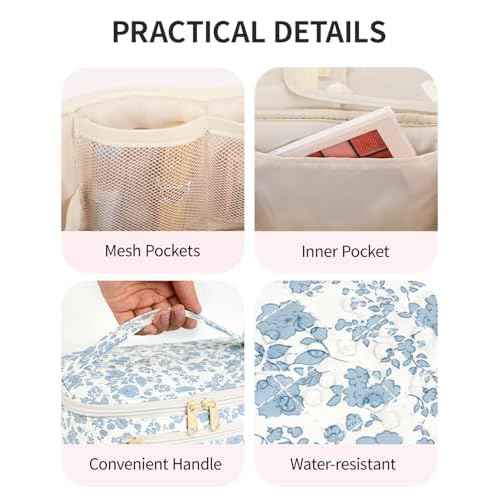 Wandering Nature Makeup Bag, Travel Make Up Organizer Cosmetic Brush Bags Case for Women in Quilted Fabric, Blue Flower, Patent Pending