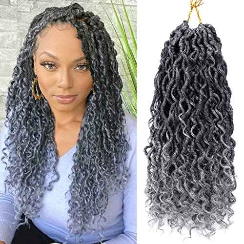 LIYATE Goddess Locs Crochet Hair 14 Inch 6 Packs Faux Locs Crochet Hair for Black Women Pre Looped Soft River Locs Crochet Braids with Curly Hair Bohemian Hippie Locs Hair Extensions(T1B/Gray)