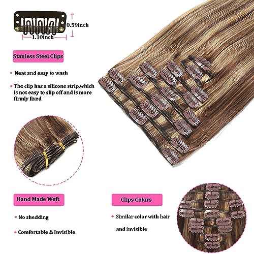 Balayage Chocolate Brown to Caramel Blonde Clip in Hair Extensions Real Human Hair Clip ins Remy Invisible Natural Straight Seamless Clip on Hair Extensions 8pcs Double Weft 22 Inch 90g
