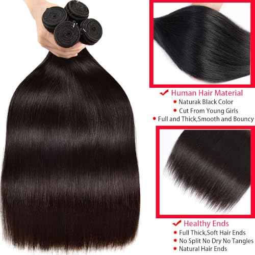 Straight Human Hair Bundles 20-26 Inch 12A Brazilian Virgin, 100% Unprocessed, Straight Weave, Black, 4 Bundles